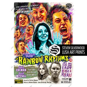 May include: A colorful movie poster for "Rainbow Rhythms" featuring portraits of actors and actresses. The poster has a vintage aesthetic with text like "It's So Easy Being a Freak!" and "Adults Only". The artwork is by Steven Silverwood.