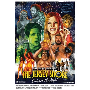 Może przedstawiać: Plakat filmowy do "The Gang Goes to The Jersey Shore: Embrace the Night" z obsadą serialu telewizyjnego "Zawsze słonecznie w Filadelfii". Plakat jest parodią klasycznych plakatów filmowych z lat 80. i przedstawia bohaterów w różnych zabawnych sytuacjach.