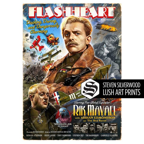 Rik Mayall 'Flashheart'  Signed Film Poster Art Print, WW2 RAF Pilot Blackadder Classic Gen X British Comedy Funny Dad Gift Wall decor