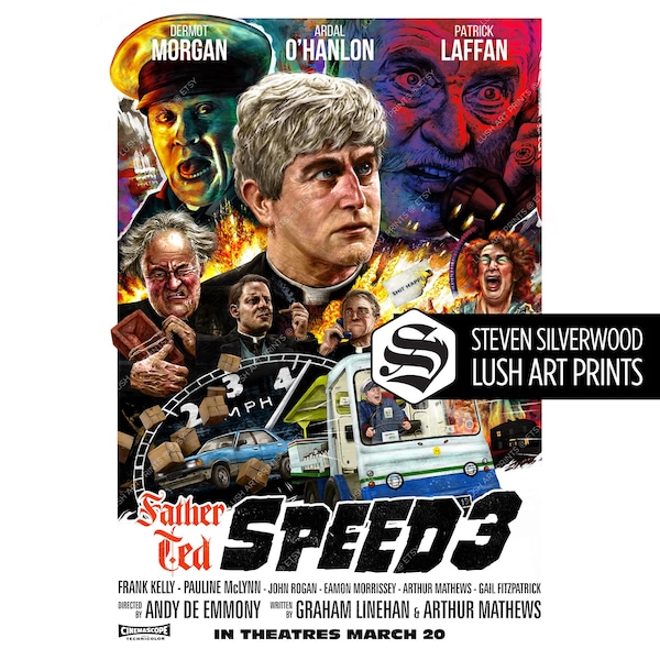 Impression d'art signée du père Ted « Speed 3 », Dougal, Hackett, Doyle, cadeau drôle de papa irlandais, décoration murale homme des cavernes, film d'action Milk man
