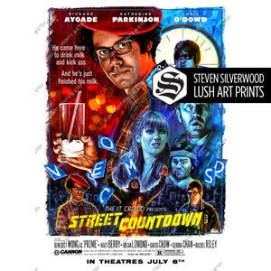 Può includere: Un colorato poster del film "Street Countdown" con Richard Ayoade, Katherine Parkinson e Chris O'Dowd. Il poster ha un design a collage con testo e immagini, tra cui la frase "He came here to drink milk and kick ass."