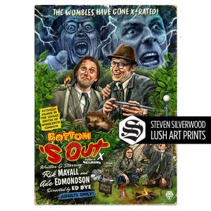 May include: A vintage-style movie poster with the title "Bottom's Out" and the text "The Wombles Have Gone X-Rated!". The poster features illustrations of several men, a hedgehog, and a golf ball. The poster is a Lush Art Print.