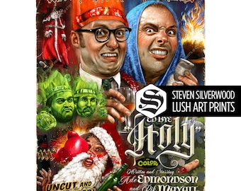 Unten 'Holy' Film Poster, signierter A3 Film Kunstdruck, Weihnachten TV Klassiker, Gen X lustiges Geschenk, Man Cave Wanddekor Rik Mayall & Ade Edmondson