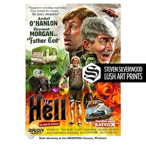 May include: A vintage movie poster for "Hell in Sin-O-Rama" featuring Ardal O'Hanlon and Dermot Morgan. The poster has a retro design with bold text, illustrations of characters, a car, and a trailer. The color palette includes red, yellow, and green.