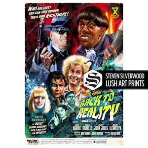 May include: A vintage movie poster for "Back to Reality" features a collage of character portraits. The poster has a dark red background with the title in green and blue. The text "Who are they? And can they outrun their own nightmare!" is at the top.