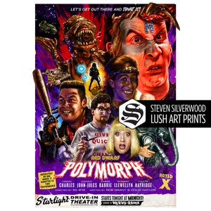 Puede incluir: Un cartel de película retro para "Polymorph" con un collage de caras de personajes y un monstruo. El cartel es de color púrpura y rojo con el texto "Let's get out there and TWAT it!" y "Starlight Theater".