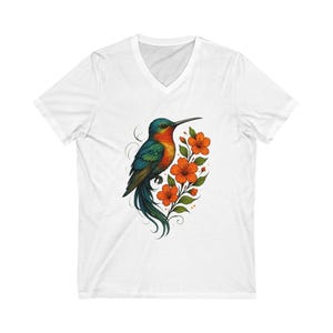 Blumen Kolibri V-Ausschnitt T-Shirt: Natur Kunst, Sommer Baumwoll-Shirt