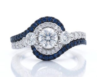 Moissanit & Blå Safir Virvelring: Love Collection, 14k Vitt Guldpläterad, Handgjord