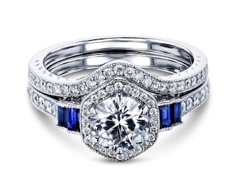 Handgjort Moissanitbrudset: Blå safir Art Deco-ring, sterlingsilver