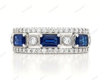 Sidoslipad smaragdslipad blå safir och CZ-diamantkant Art Deco-armband i sterlingsilver