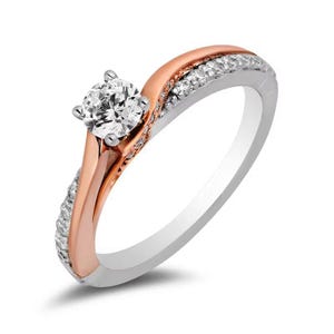 Round Cut Moissanite Twist Shank Moana Engagement Ring in 14K Two-Tone Gold Plated