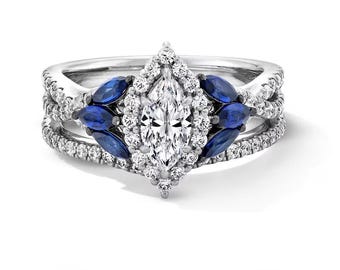 Brudset med moissanit och blå safir: 14K vitguldpläterad Love Collection Halo-ring