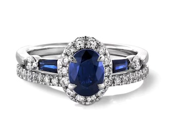 Oval blå safir CZ Halo brudset: 14K vitguldpläterad kärleksförlovningsring