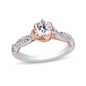 Moissanite Engagement Ring: Enchanted Belle, Two-Tone Twist Shank, Scallop Edge