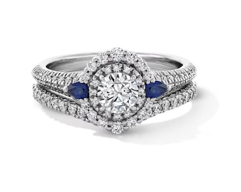 Moissanit Brudset: Rund Slipning, Blå Safir, Love Collection 14K Vitt Guldplätering