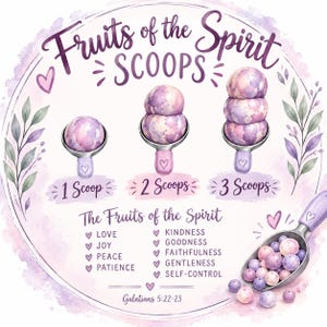 May include: A circular graphic featuring watercolor-style purple and pink ice cream scoops. Text reads Fruits of the Spirit SCOOPS, 1 Scoop, 2 Scoops, 3 Scoops, and lists Love, Joy, Peace, Patience, Kindness, Goodness, Faithfulness, Gentleness, Self-Control.