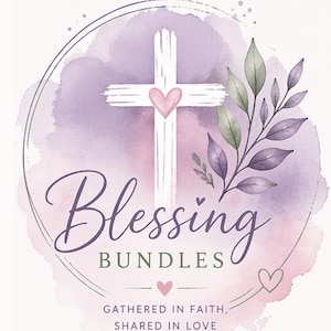 May include: A watercolor-style logo for "Blessing Bundles" featuring a white cross with a pink heart, surrounded by a purple and pink watercolor wash, with green and purple leaves. The text "Blessing Bundles" is in a script font.