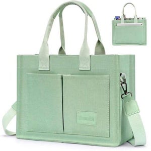 May include: A light green rectangular tote bag with two top handles and a detachable shoulder strap. The bag features two large front pockets and a small rectangular patch with the text zhenmeishi. A smaller version of the bag is shown in the corner.