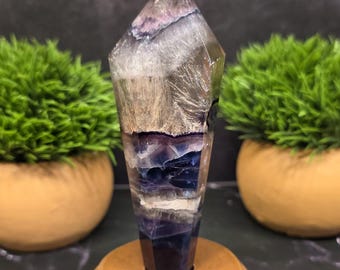 Rainbow Fluorite Wand, Banded Crystal Tower with Wooden Base