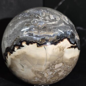 Peut inclure: Une sph&egrave;re polie &agrave; l'aspect marbr&eacute;. La pierre pr&eacute;sente un m&eacute;lange de couleurs grises, noires et cr&egrave;me, avec des motifs et des veines complexes. La sph&egrave;re est lisse et r&eacute;fl&eacute;chissante, mettant en valeur les variations naturelles.