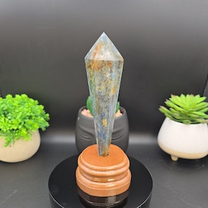 Blue Kyanite Crystal Wand: 7.25&quot; Polished Stone with Custom Stand