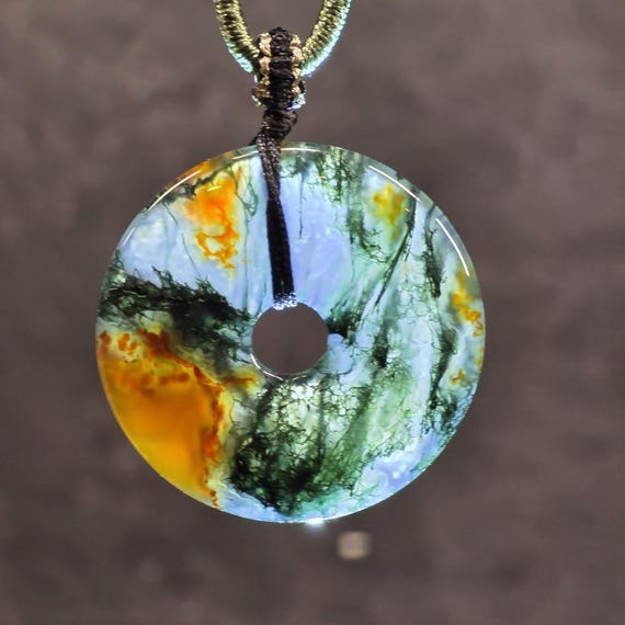 Red Moss Agate Donut Pendant Necklace – Adjustable Black Cord