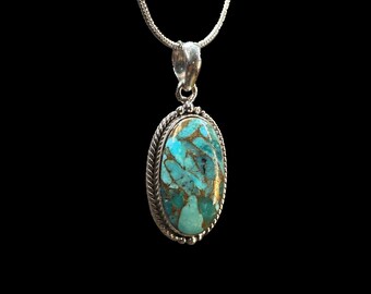 Pendentif en turquoise et cuivre bleu, serti d'argent 925, avec chaîne de 50 cm (20 pouces) incluse
