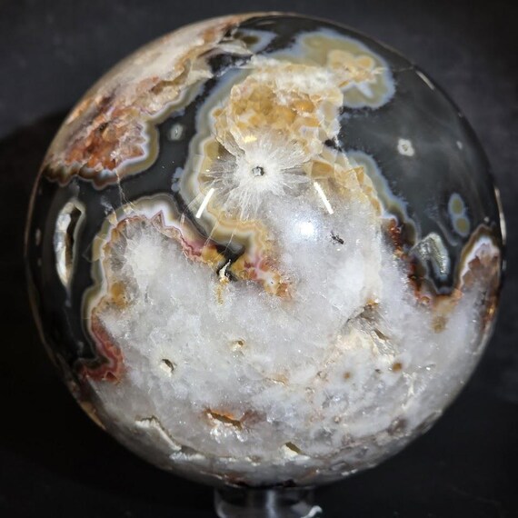 Rare Argentina Flower Agate Sphere with Druzy – UV Reactive Crystal Sphere