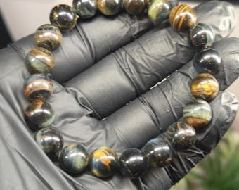 Blue Tiger's Eye Bracelet: 10mm Gemstone Beads, Men's 8" Fit