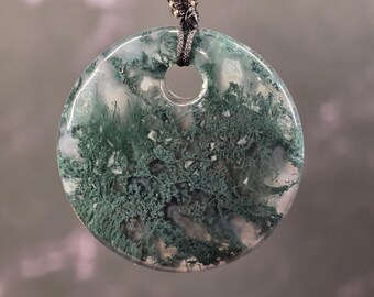 Round Moss Agate Pendant with 26" Adjustable Black Cord Necklace
