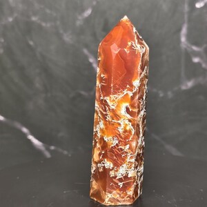 May include: A polished carnelian crystal tower with a hexagonal point. The stone features a deep burnt orange and reddish-brown color palette with intricate, web-like white inclusions and translucent patches throughout the vertical structure.