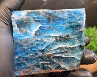 Losa pequeña de apatita azul de alta calidad con soporte de exhibición de madera.