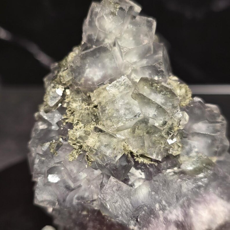 Puede incluir: Primer plano de un grupo de cristales de fluorita. La formaci&oacute;n cristalina presenta estructuras c&uacute;bicas transl&uacute;cidas en tonos morados y claros, con toques de inclusiones de pirita dorada. El aspecto general es cristalino y geom&eacute;trico.