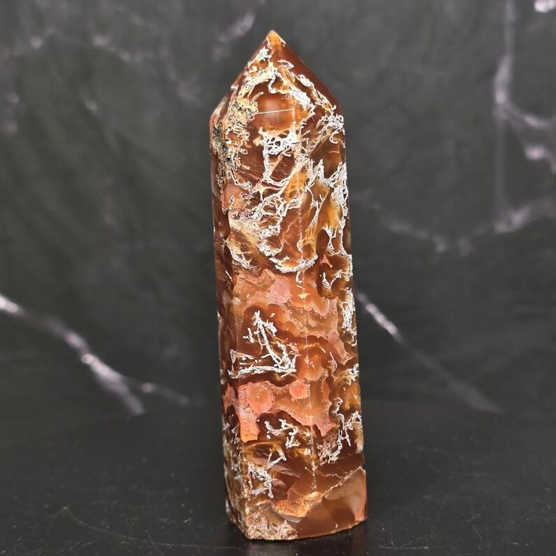 May include: A polished crystal tower with a hexagonal point, featuring a warm color palette of deep amber, burnt orange, and translucent brown tones, accented by intricate, branching white dendritic inclusions throughout the stone surface.