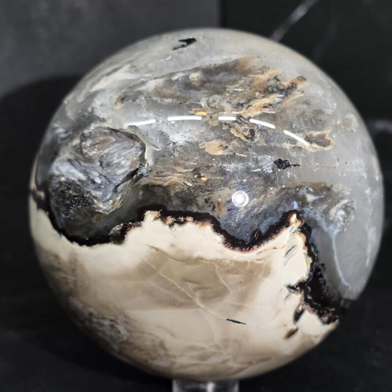 Peut inclure: Une sph&egrave;re polie en bois p&eacute;trifi&eacute;, pr&eacute;sentant un m&eacute;lange de couleurs cr&egrave;me, marron, noir et gris. La surface de l'orbite est lisse, avec des motifs et des textures visibles. La sph&egrave;re est un objet d&eacute;coratif.