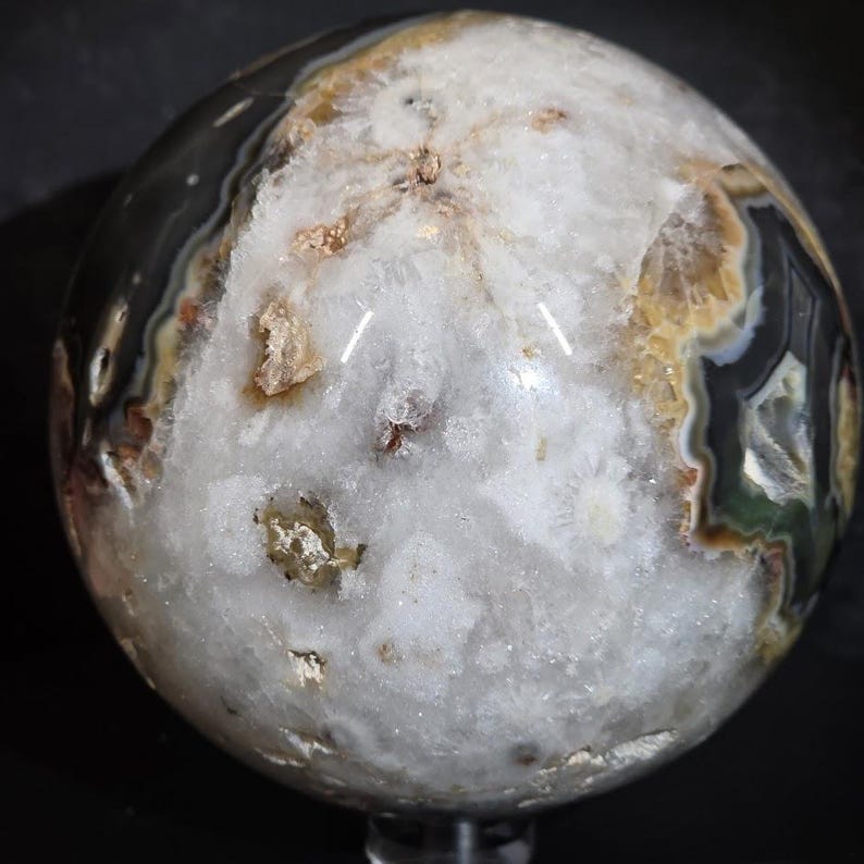 Rare Argentina Flower Agate Sphere with Druzy – UV Reactive Crystal Sphere image 5