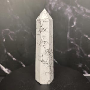 May include: A white howlite crystal tower with gray veining. The polished gemstone has a hexagonal base and a pointed top. The crystal is standing on a black surface with a dark gray and black background.