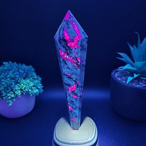 Ruby Zoisite Crystal Tower: 10.5&quot; UV Reactive Statement Piece with Wooden Stand
