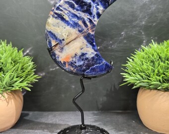 Sodalite Moon with Black Metal Stand – Crescent Moon Crystal Display