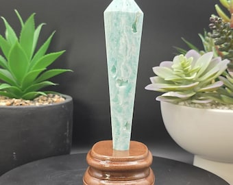 Hemimorphite Crystal Wand on Custom Wooden Base