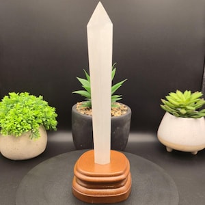 Selenite Crystal Wand with Custom Wooden Holder: Healing Home Decor