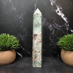 May include: A tall, six-sided crystal tower featuring a polished surface with a mottled pattern of sage green, cream, and dark brown mineral inclusions. The stone has a pointed, faceted top and a flat base, displaying natural variations in color.