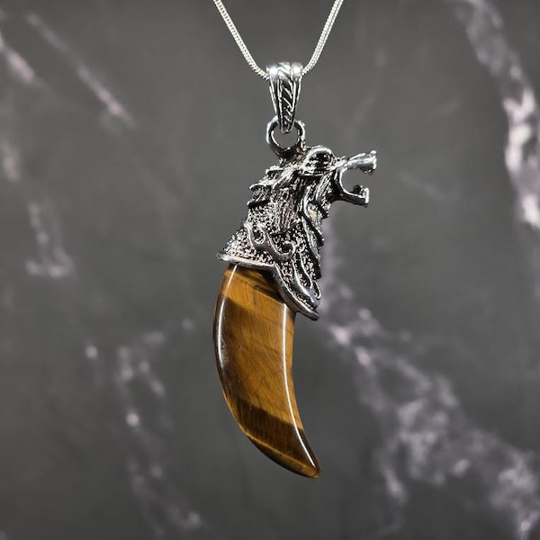 Wolf Tiger’s Eye Pendant – S925 Necklace Included