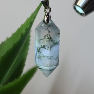 DT Moss Agate Pendant | Transparent Moss Agate Crystal W/Natural Green Veins | S925 Bail | 20&#39;&#39; S925 Silver