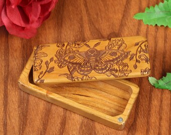 Cute Moth Stash Box in Solid Cherry Wood with strong magnetic closure Approx.  5" x 2" x 1" by Paul Szewc of Masterpiece Laser