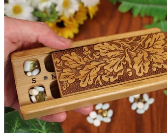 Pill Organizer 7 Day Twice A Day Oak Leaf & Acorn Autumn Decor AM PM Wooden Pill Box For The Week, Cherry Wood with Lacquer and Oil Finish