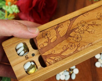 Sakura Pill Organizer 7 Day Twice A Day AM PM Wooden Pill Box For The Week, Cherry Wood with Lacquer & Oil Finish