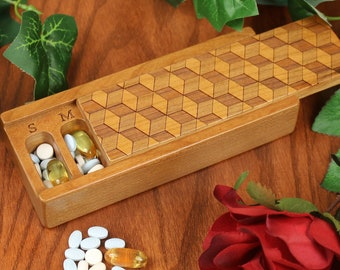 Geometric Wood Art Wood Pill Box in Cube Design, Laser Engraved Solid Cherry Weekly Pill Organizer by Paul Szewc