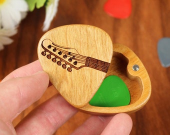 Personalized Electric Guitar Pick Box Headstock Holds 10 Picks Made of Cherry Wood, 2-1/4" x 2" x 1 D" Guitar Player Gifts For Him & For Her
