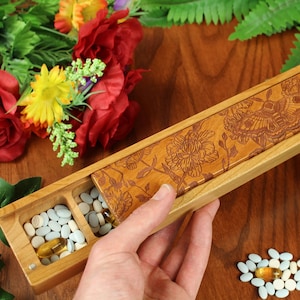Large 7 Day Pill Case, Cute Moth Weekly Pill Organizer in Solid Cherry Hardwood by Paul Szewc of Masterpiece Laser